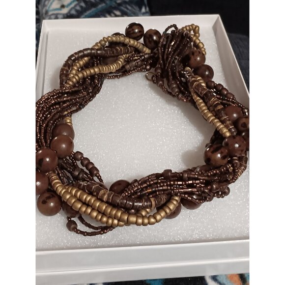 Multistrand Brown & Gold Beaded Necklace With Wooden Accents - Picture 3 of 3